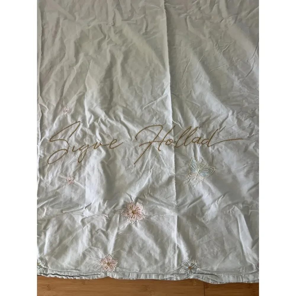 Vintage Floral Embroidered Flowers Butterfly Cotton Full Duvet Cover Scallop Edg